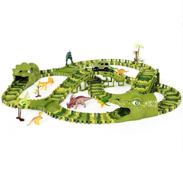 DREAMADE flexibel dinosauriebilbana, grön bilbana med 240 delar, pedagogisk leksak, idealisk för barn från 3+