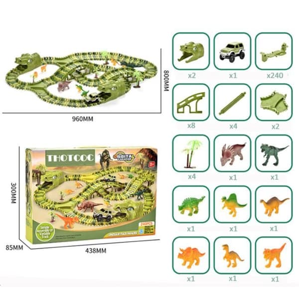 THOTCOC Dinosaur Car Circuit - Byggleksak för barn från 3 år och uppåt - 269 stycken