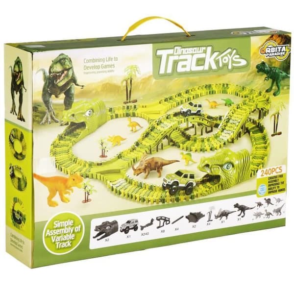 Leksaksbilskrets för dinosaurier för barn - SPRINGOS - 240 delar - Flexibel racerbana - Presentförpackning