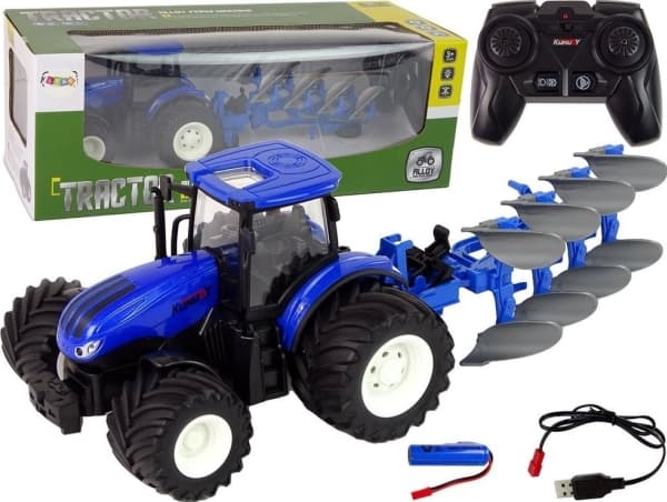 LeanToys Fjärrstyrd Traktor 1:24 Blå Plog Metall