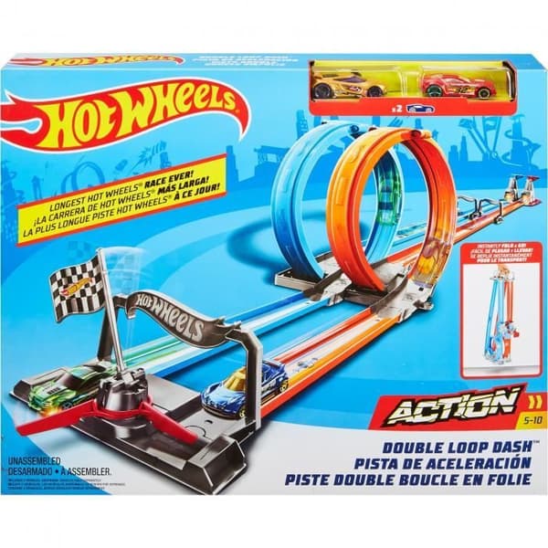 Hot Wheels Track Action Launch Double Loopings 213 cm orange/blå - Leksak för barn från 4 år och uppåt