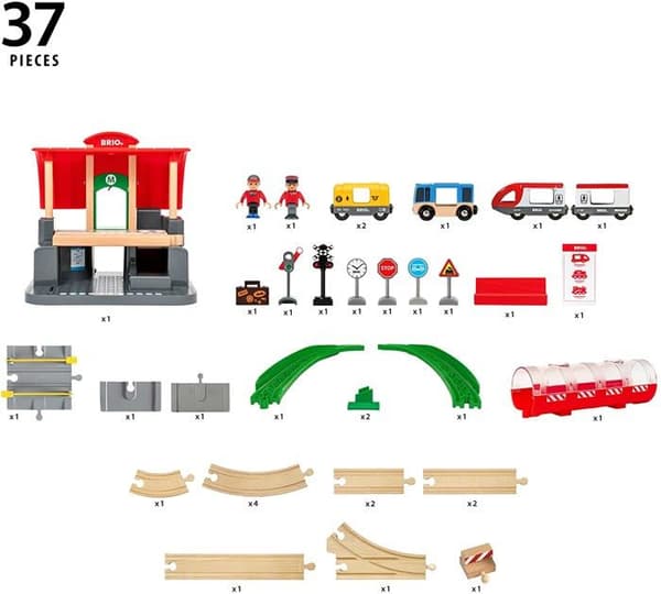 BRIO tågbana i trä - Centralstation - Komplett set med 37 delar - Blandat från 3 år
