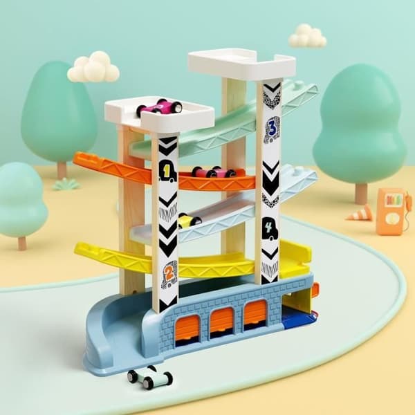 Racerbane - TOP BRIGHT - 4 racerbiler - 4 ramper - 2 parkeringsetager - Tankstation