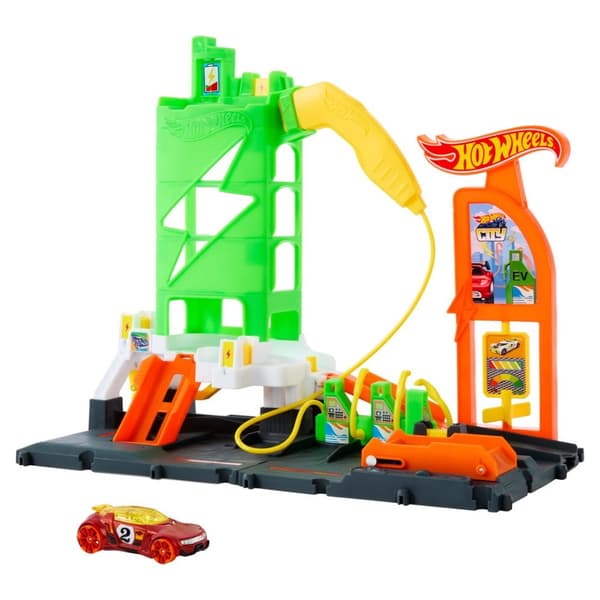 Hot Wheels City Super Recharge-bensinstation med leksaksbil i skala 1:64