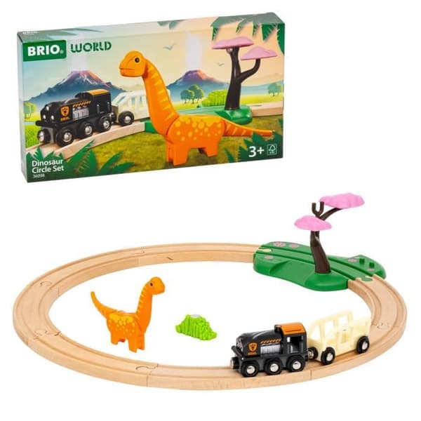 Dinosaurusrata - Täydellinen 12-osainen setti - Paristoton leikkitoiminta - Dinosaurus mukana - Puinen junarata - BRIO World