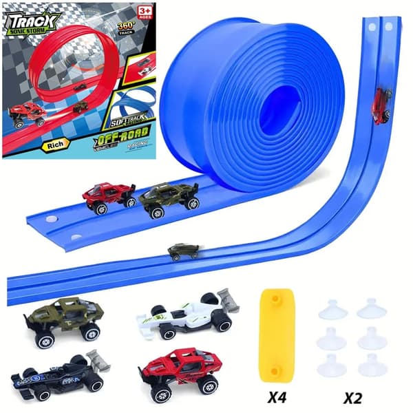 OBOSOE 5m Flexibel Bilbana för Barn – Dubbelriktad Racerbana med 4 Bilar & Sugkoppar, Rullbar, Leksaksbilbana 3+ Blå OBOSOE 5m Flexibel Bilbana för Barn – Dubbelriktad Racerbana med 4 Bilar & Sugkoppar, Rullbar, Leksaksbilbana 3+ Blå