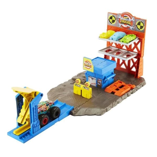 Hot Wheels - Explosiva stationslåda - Monstertruckar - Mekanisk bärraket - 4 krockfordon - från 4 år och uppåt