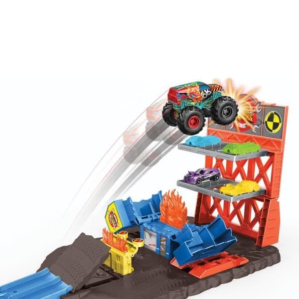 Hot Wheels - Explosiva stationslåda - Monstertruckar - Mekanisk bärraket - 4 krockfordon - från 4 år och uppåt