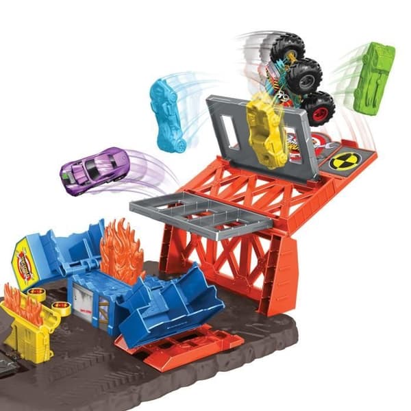 Hot Wheels - Explosiva stationslåda - Monstertruckar - Mekanisk bärraket - 4 krockfordon - från 4 år och uppåt