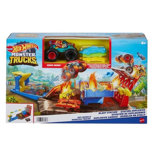 Hot Wheels - Explosiva stationslåda - Monstertruckar - Mekanisk bärraket - 4 krockfordon - från 4 år och uppåt