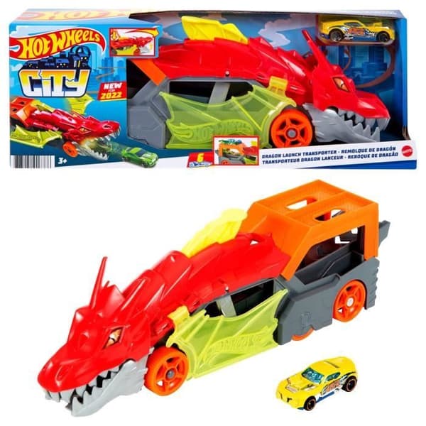 Hot Wheels City - 2-i-1 Launching Dragon Transporter - Lastbil / Leksaksbil - Från 3 år GTK42