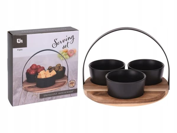 Snackskålar i akaciabräda med handtag, 3 st