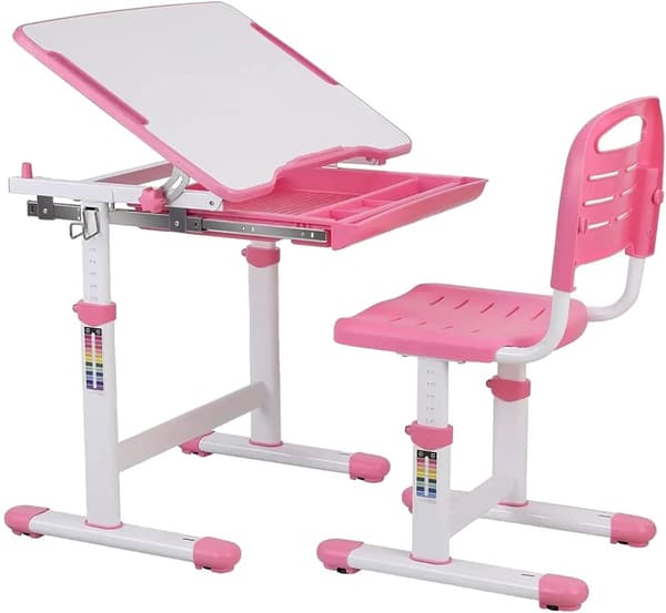 Justerbart Höjd Barnskrivbord och Stol Set, Lutande Skrivbord, med Förvaringslåda, 54-76,5 cm,Rosa