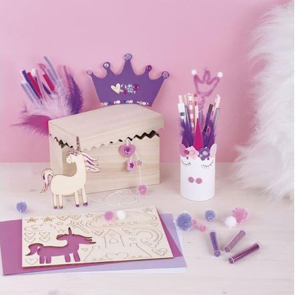 RAYHER Unicorn pyssellåda - 1000 stycken - Vit/Mörkrosa/Lila - För barn från 5 år och uppåt