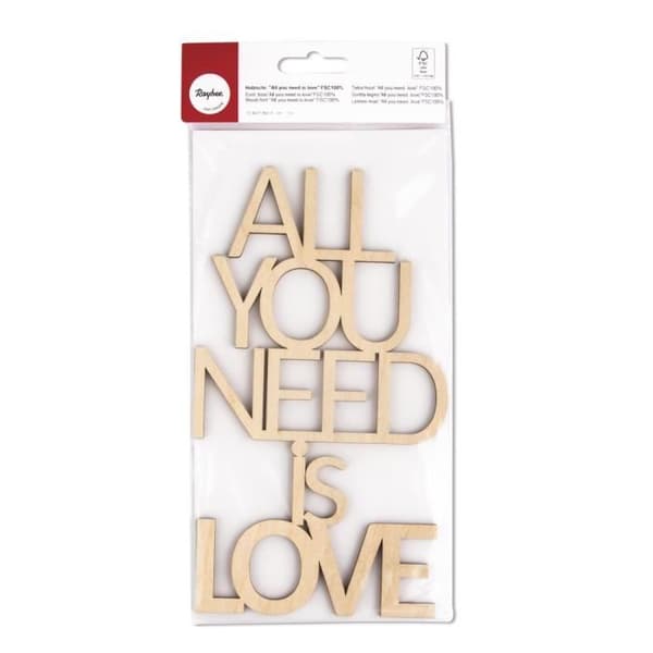 Skrift. trä "All you need is love"FSC100%, natur, 12,4x21,8x0,4cm, tab.-LS 1st.