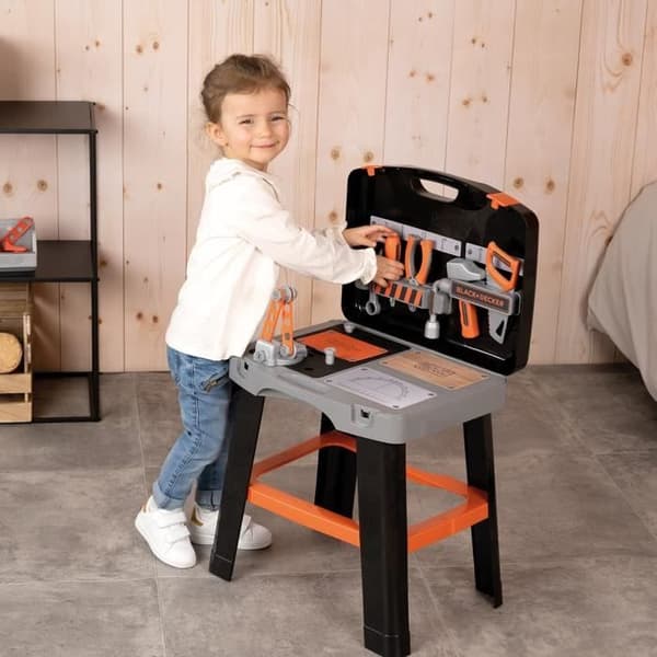 Smoby - Black and Decker -Bricolo Smart Workbench - Imitationsspel - Fodral som förvandlas till en arbetsbänk - 33 tillbehör ingår - Fa