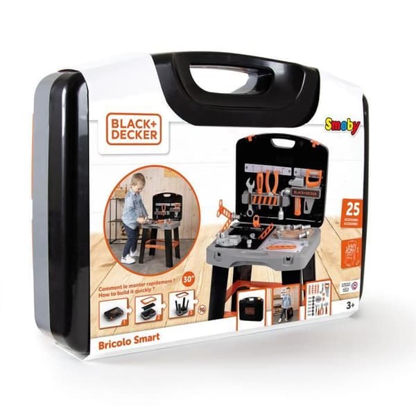 Smoby - Black and Decker -Bricolo Smart Workbench - Imitationsspel - Fodral som förvandlas till en arbetsbänk - 33 tillbehör ingår - Fa