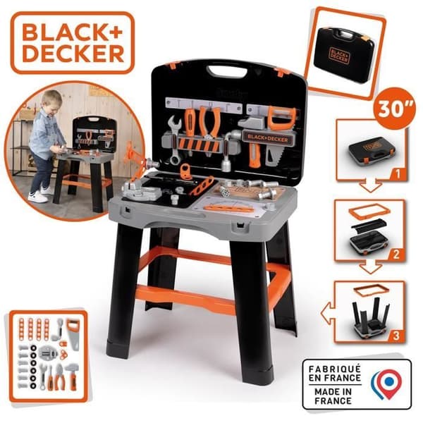 Smoby - Black and Decker -Bricolo Smart Workbench - Imitationsspel - Fodral som förvandlas till en arbetsbänk - 33 tillbehör ingår - Fa