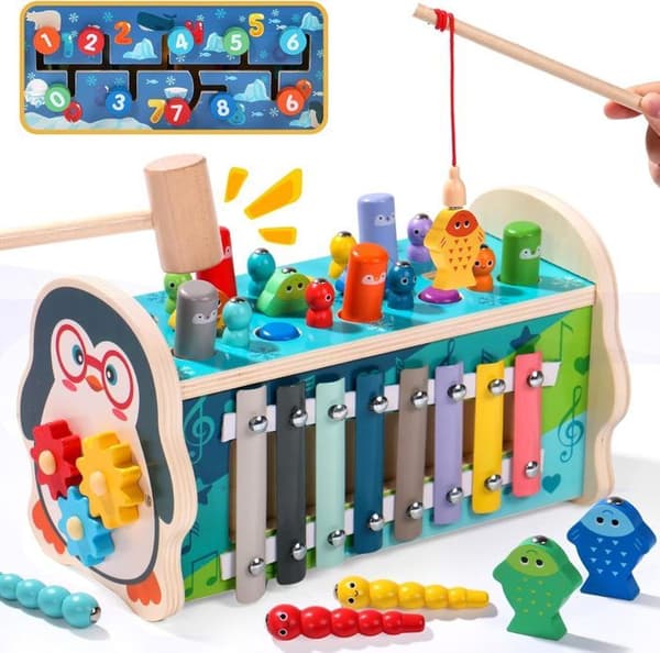 6 i 1 Träleksak 3 År - Leksak Baby 3 År Flicka - Montessori 3 År - Muldvarpsjakt, Baby Xylofon, Present Barn 3 År Kille Flicka