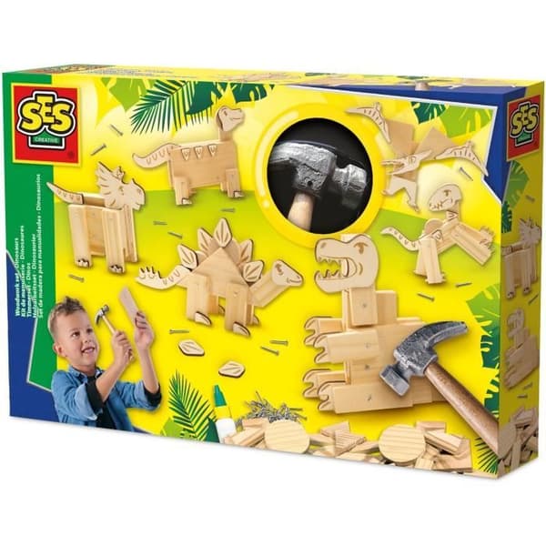 Træbearbejdningssæt - SES CREATIVE - Dinosaurer - Med søm og lim