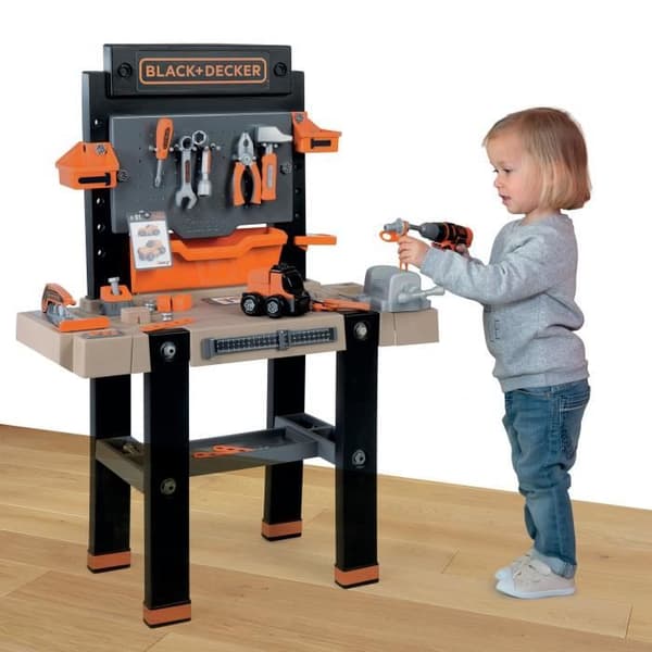 Smoby - Black and Decker Ultimate DIY-arbejdsbænk - Realistiske lyde - 95 tilbehør - Bil at bygge - Lavet i Frankrig