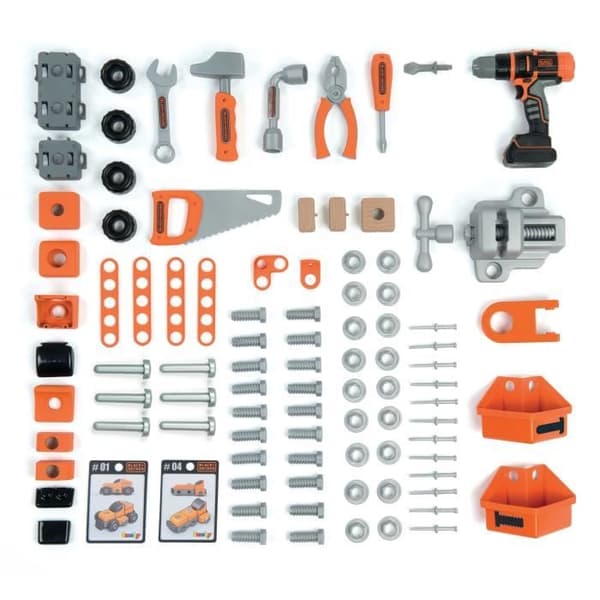 Smoby - Black and Decker Ultimate DIY-arbejdsbænk - Realistiske lyde - 95 tilbehør - Bil at bygge - Lavet i Frankrig