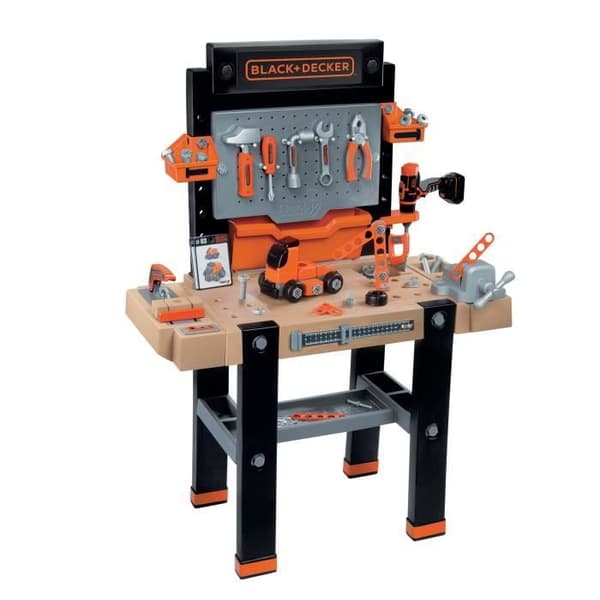 Smoby - Black and Decker Ultimate DIY-arbejdsbænk - Realistiske lyde - 95 tilbehør - Bil at bygge - Lavet i Frankrig