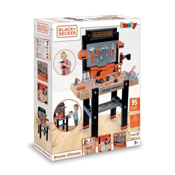 Smoby - Black and Decker Ultimate DIY-arbejdsbænk - Realistiske lyde - 95 tilbehør - Bil at bygge - Lavet i Frankrig