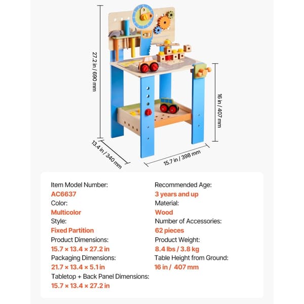 Barnarbetsbänk, Träverktygssats, 62 Tillbehör,62st