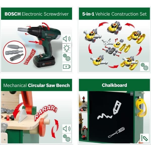 Grand arbetshämtning Bosch - KLEIN - 8734 - FSC-trä - Med elektronisk skruvdragare, verktygslåda, byggset, etc. - Från 3 år