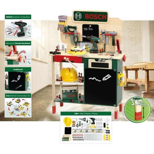 Grand arbetshämtning Bosch - KLEIN - 8734 - FSC-trä - Med elektronisk skruvdragare, verktygslåda, byggset, etc. - Från 3 år