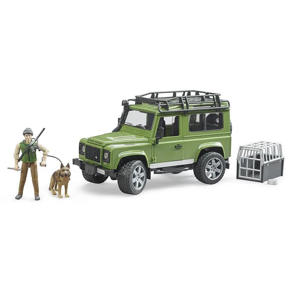 Land Rover metsänhoitajan ja koirahahmon kera BRUDER 02587 Profi-sarja 1:16