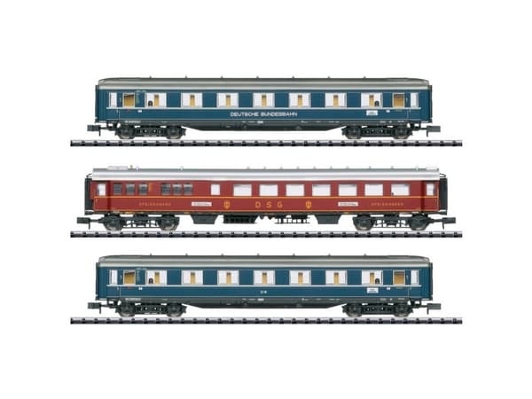 MiniTrix 18259 N sæt med 3 stk. personvogne F-tog F41 Senator fra DB Klasse A4üe, abü-38, spisevogn WR4ü