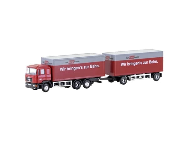 Minis by Lemke LC4608 N Kuorma-autojen malli MAN F90, 3-akselinen laatikkopuoliperävaunu Rail Cargo Austria (ÖBB)