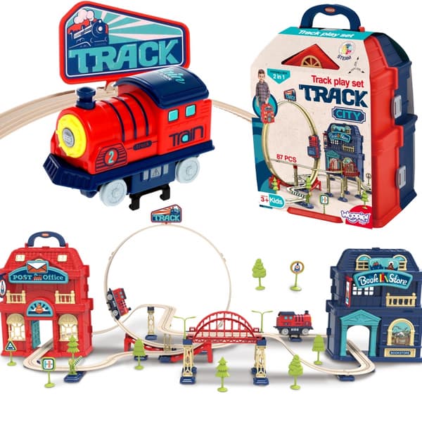 WOOPIE Electric Train 2 i 1 foldbar til en kuffert 87 stk. - Længde 3,5 m