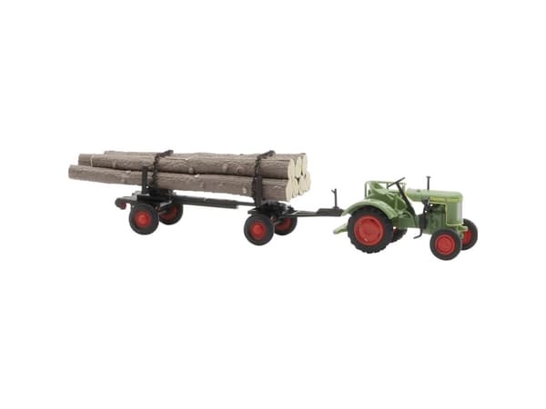 Busch 54152 H0 Farming-malli Fendt F 15 Diesel-vetopyörä ja puinen perävaunu