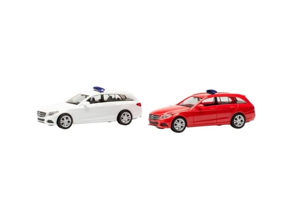 Herpa 013284-003 H0 Personbil model Mercedes Benz C-klasse kombi med advarselsbjælke, rød og hvid