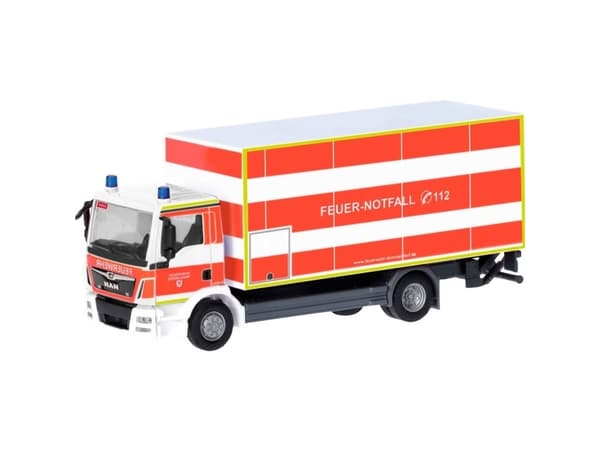 Herpa 098076 H0 Udrykningskøretøj model MAN TGM kuffert-lastbil med ladeordvæg brandvæsen Düsseldorf