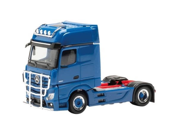 Herpa 311533-005 H0 Kuorma-autot malli Mercedes Benz Actros Gigaspace solo traktori 2-akselinen lampun kiinnikkeellä ja törmäyssuojalla, gentian sini