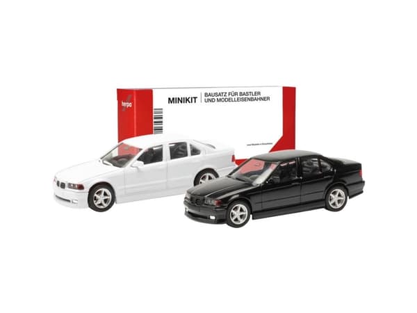 Herpa 013925 H0 Personbil model BMW 3 stk. E36 AC afklip, sort og hvid