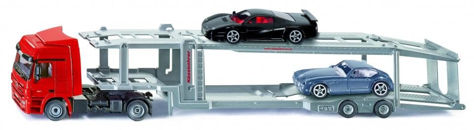 Lastbil med transportör och sportbilar röd / silver (3934)