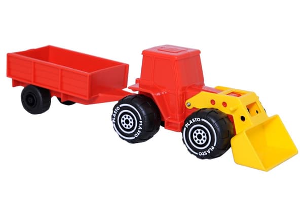 Rød traktor med frontlæsser & trailer, 33 cm - Plasto
