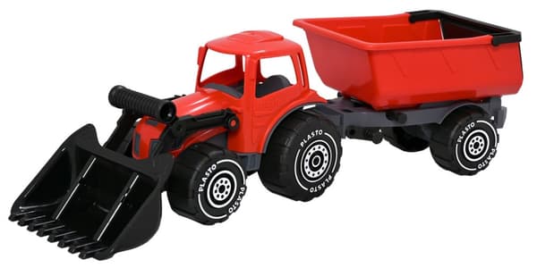 Röd Traktor med Frontlastare och Släp, 56 cm - Plasto