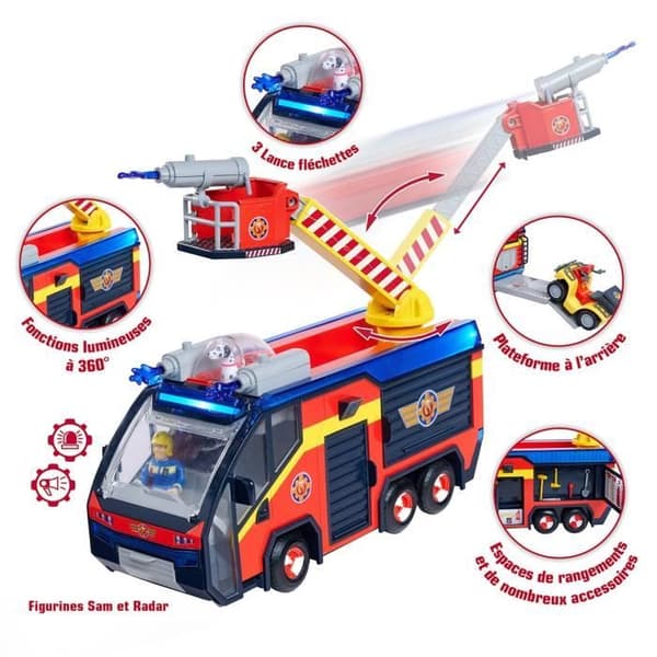 Brandman Sam - Brandbil - Jupiter - 2 figurer - Ljud och ljus - Flera tillbehör - 3 batterier ingår