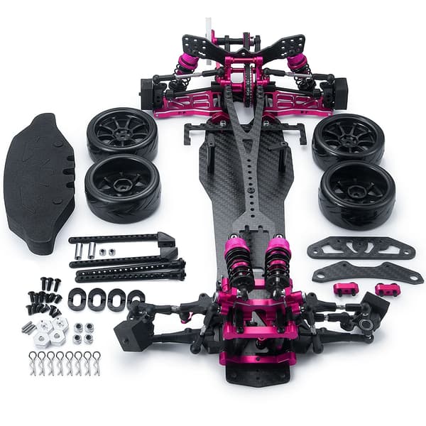 RC Drift Bil Dele, Metal Ramme Kit, Carbon Fiber Hjul Fælge,Rosenrød