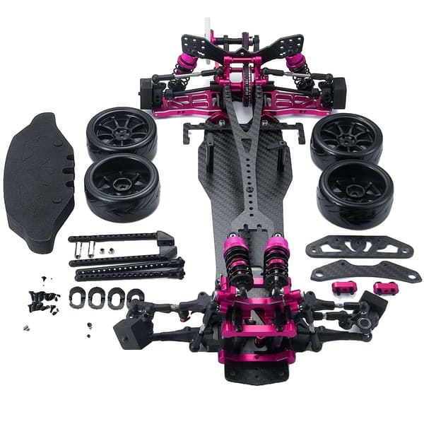RC Drift Bil Dele, Metal Ramme Kit, Carbon Fiber Hjul Fælge,Rosenrød