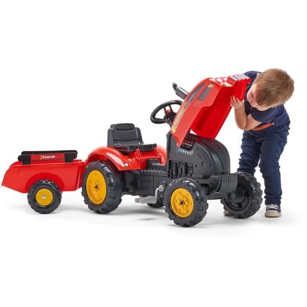 Traktori - FALK - X-Tractor - 2-vuotiaasta alkaen - 100 % valmistettu Ranskassa - 50 % kierrätettyä muovia - Avattava konepelti, savupiippu ja peräkär