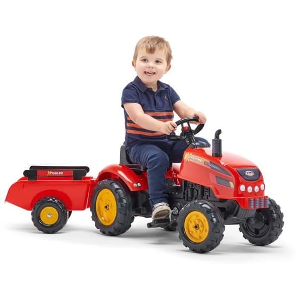 Traktori - FALK - X-Tractor - 2-vuotiaasta alkaen - 100 % valmistettu Ranskassa - 50 % kierrätettyä muovia - Avattava konepelti, savupiippu ja peräkär