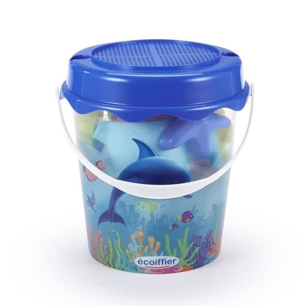 Strandlek - ECOIFFIER - 513 - Transparent hink med delfindekor, tillbehör och sandformar
