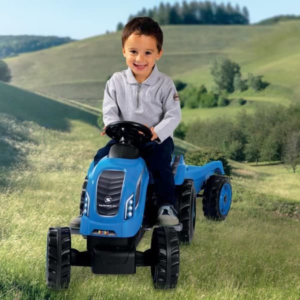 Farmer XL Pedaltraktor + Anhænger - Blå - SMOBY - Justerbart sæde - Åbningsbar motorhjelm - Horn - 90% genbrugsplast